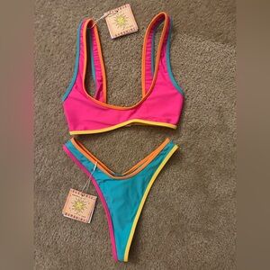 Kulani Kinis Pink and Teal Thong Bikini Set